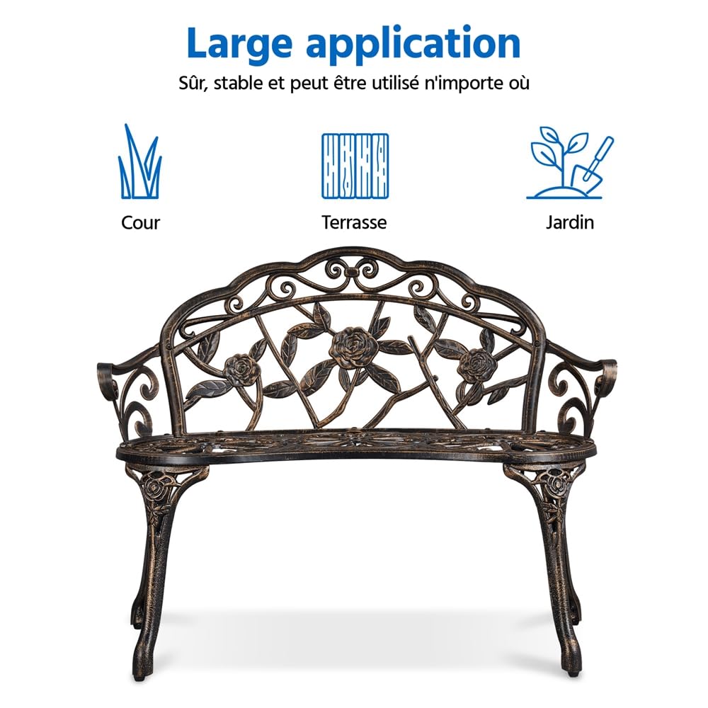 Yaheetech Banc de Jardin Extérieur Mobilier de Jardin en Aluminium Siège de Parc Bronze Vintage avec Dossier 99,5 x 57 x 78,5cm