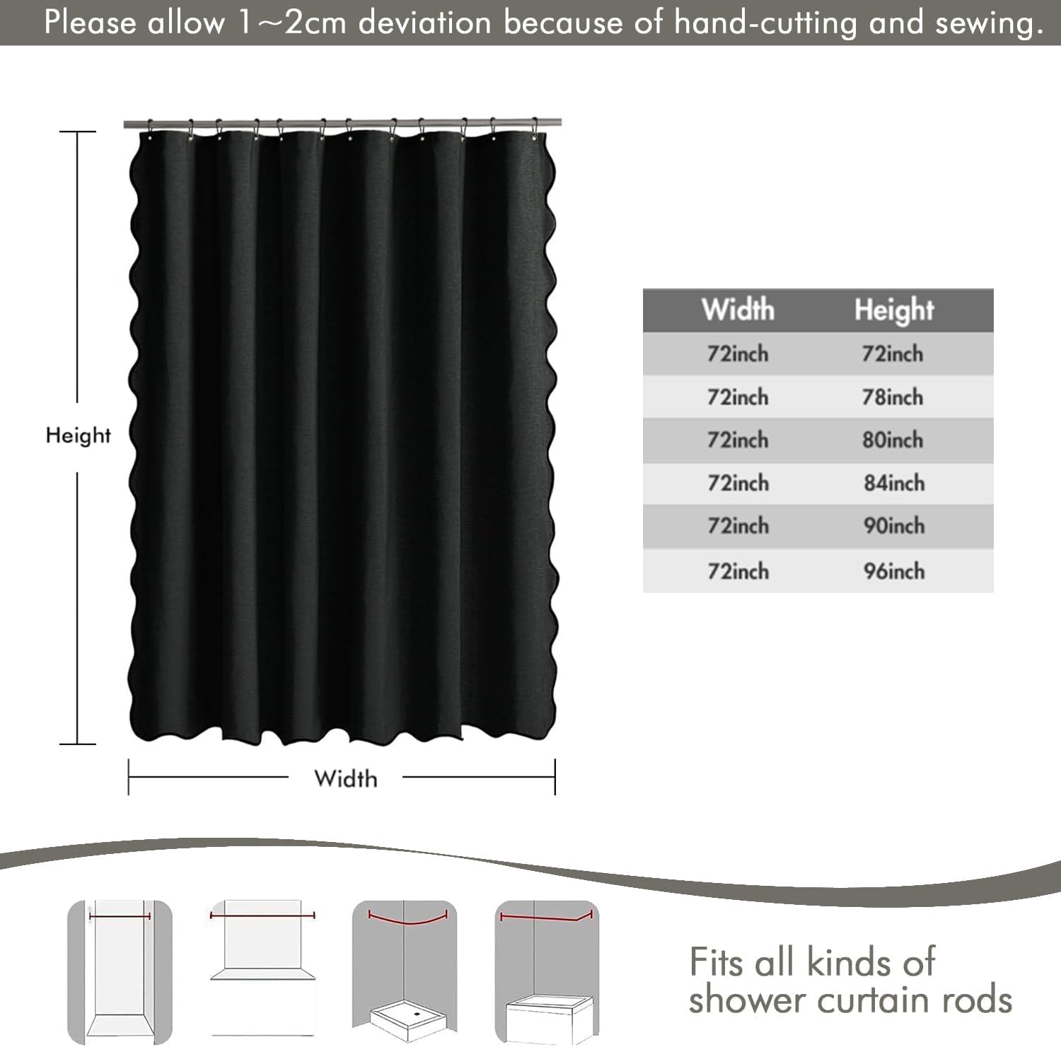 MIULEE 96" Long Scalloped Shower Curtain Linen Textured with 12 Metal Hooks Cute Extra Long Heavy Duty Washable Waterproof Cloth Shower Curtains with Black Border for Bathroom Hotel Bathtub,Black