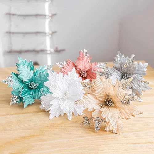 Miniatura 2 de 6 adornos para árbol de Navidad con purpurina para árbol de Navidad, flores artificiales de Navidad, accesorios florales, flores de franela