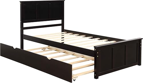 Miniatura 5 de P PURLOVE Cama de plataforma de tamaño individual con nido, marco de cama nido de madera con cabecera y soporte de listones, no necesita somier,