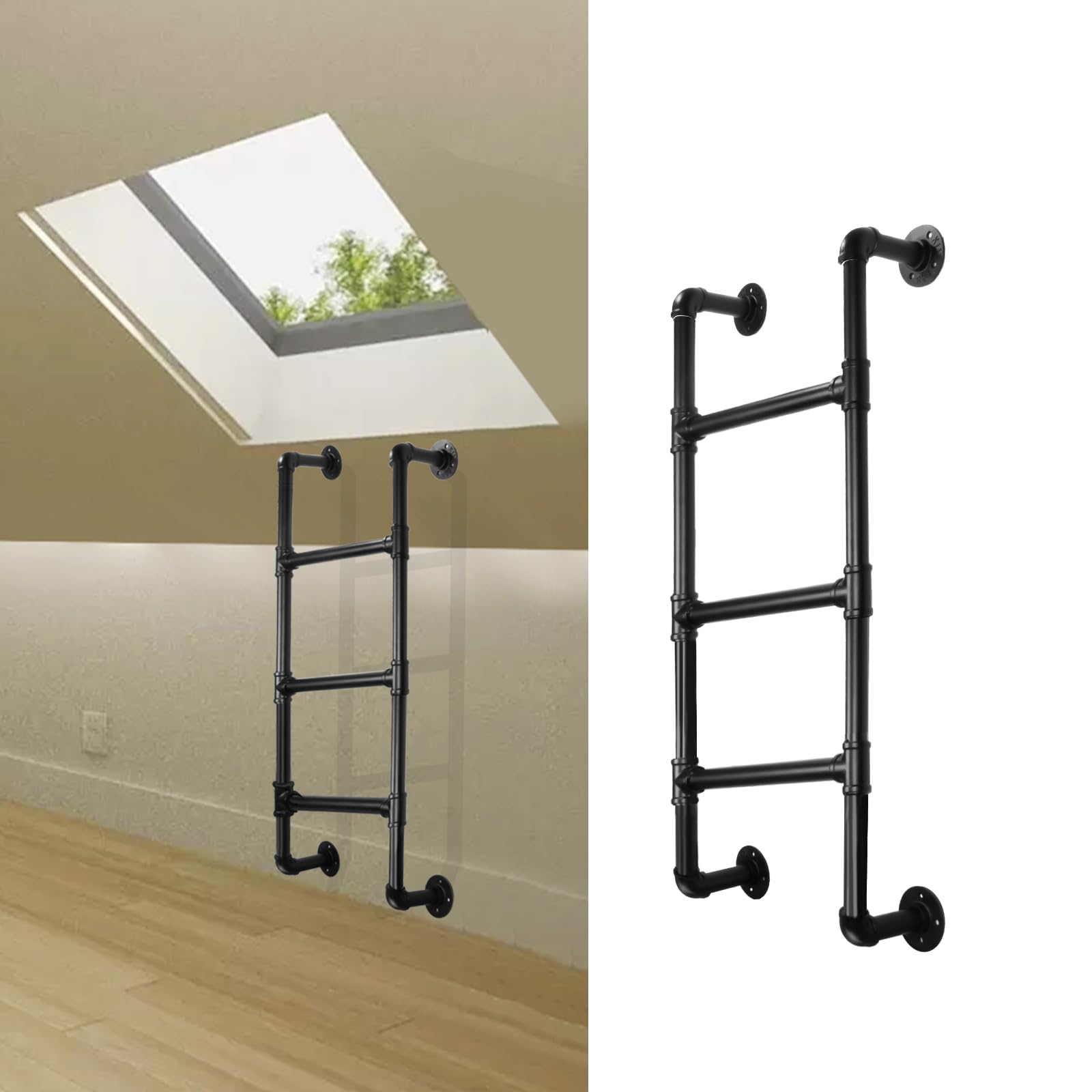 3-Sprossen Wandleiter aus schwarzem Metall, 100 cm/3.3FT, bis 150 kg belastbar, Robuste und platzsparende Ausstiegsleiter für Etagenbett, Loft, Dachboden, und Kellerfensterschacht
