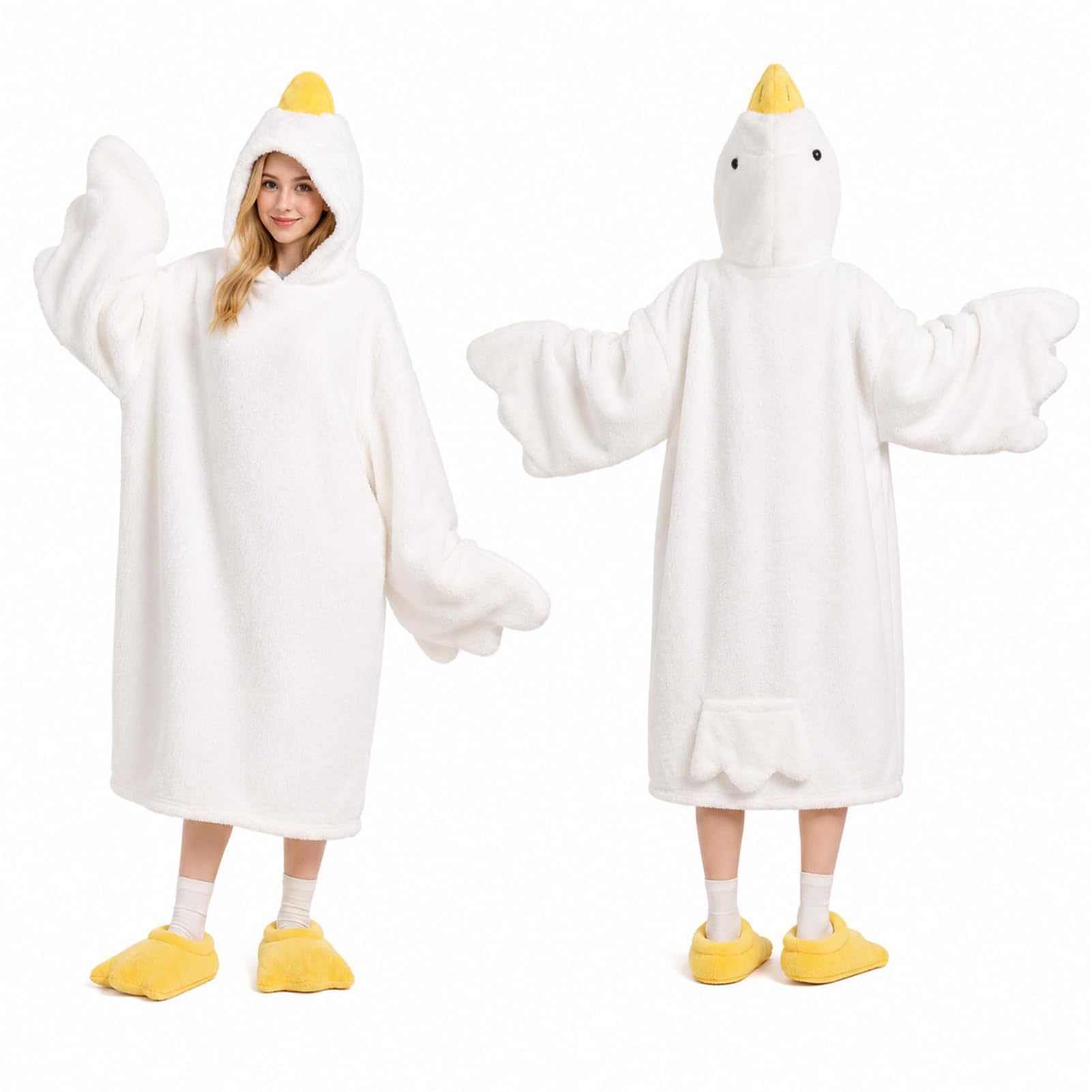 Pijama de Pato y Mono de Ganso Vestible, Manta con Capucha Graciosa para Adultos, Body Sudadera para Parejas en Felpa Suave, Saco de Dormir Grueso de Lana Coral