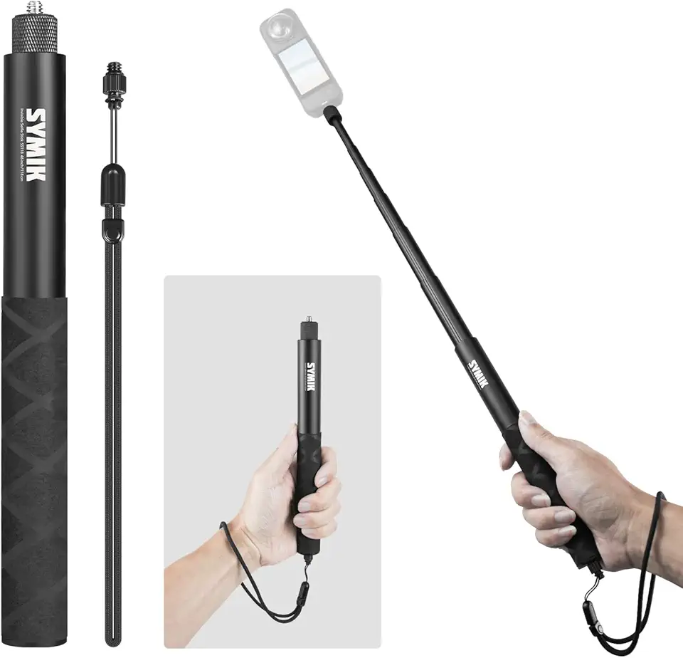 SYMIK Bastão de selfie invisível para Insta360 (120 cm), bastão de extensão de liga de alumínio, portátil, extensível, monopé, com parafuso de 1/10.2 cm e alça de pulso para Insta 360 X5 X4 X3 ONE X2