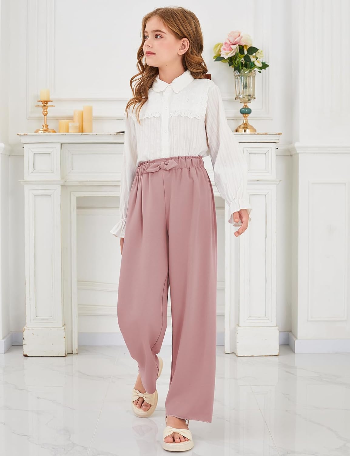 Girls Wide Leg Palazzo Pant Loose Straight Cute Bow Waist Spring Summer Lightweight Dress Pant for Kids 5-14Y - Image 5