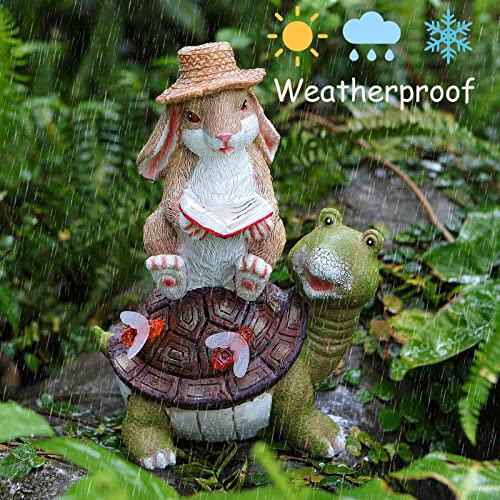 Yngfil Solar Garden Statues Outdoor Decor - Rabbit Sitting On Turtle Reading A Book,Bunny Outdoor Statues For Patio, Lawn, Yard Art Decoration, Housewarming Garden Gift #TOP2