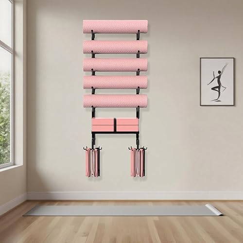 Miniatura 5 de Soporte de pared para esterilla de yoga, con estantes y ganchos, soporte grande para esterilla de yoga, ahorro de espacio, estante de gimnasio en