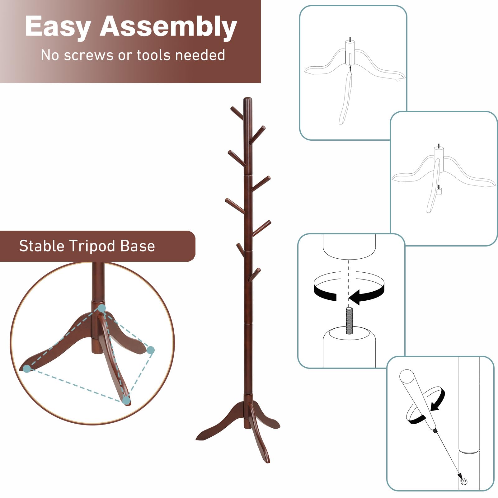 Appendiabiti Da Terra In Legno - 8 Ganci, Altezza Regolabile 100-175 Cm, Marrone - Foto 8