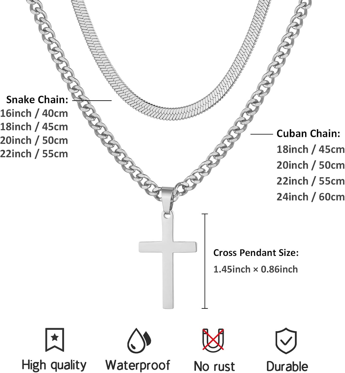 Cross Necklace for Men Stainless Steel Layered Snake Chain Cuban Link Chain Set 16-24 inch Christian Religious Jewelry Valentine's Day Gifts for Boyfriend - Image 4