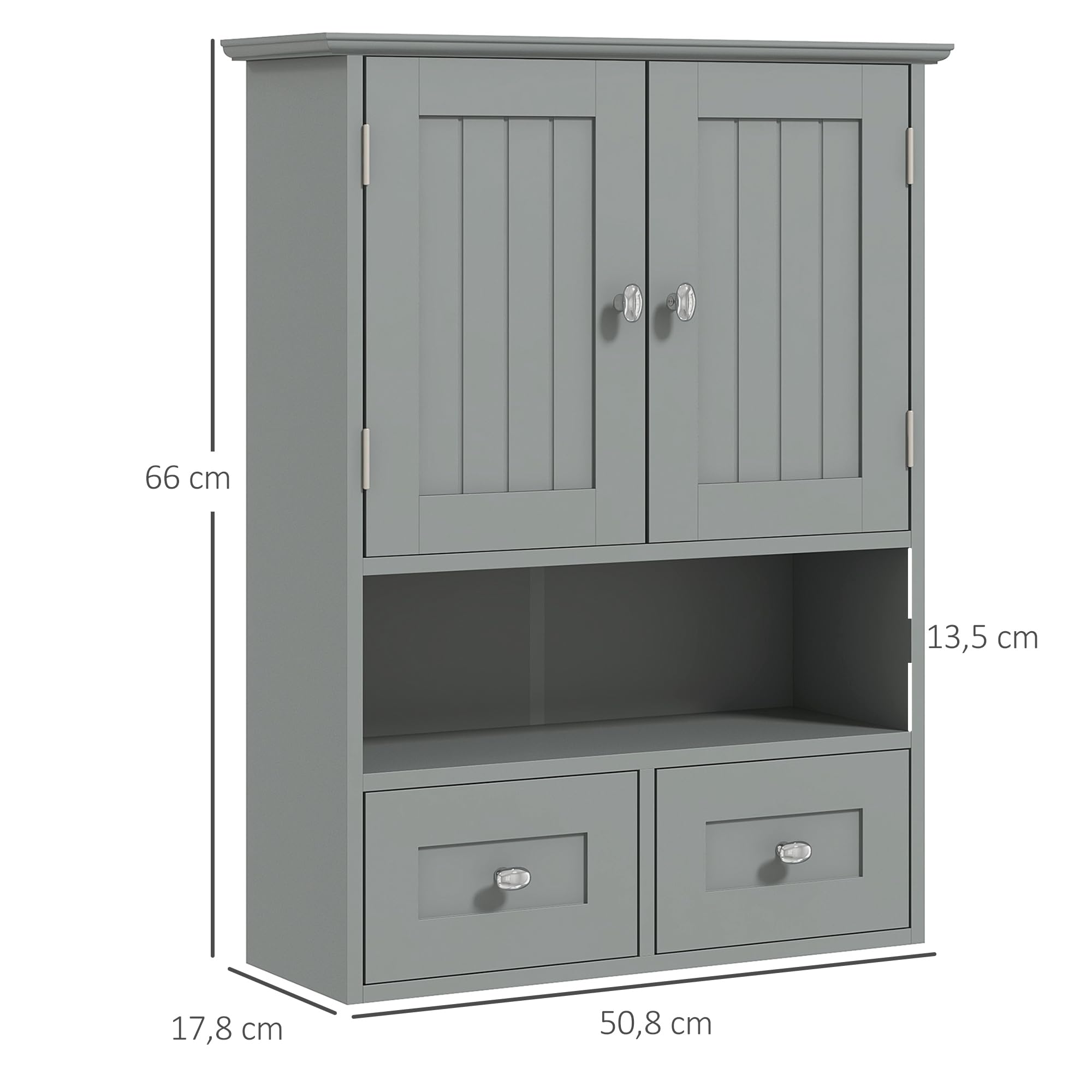 kleankin Armoire Murale de Salle de Bain, Armoire de Toilette, avec Portes Doubles, étagère Ouverte, 2 tiroirs pour Ranger, 50,8l x 17,8P x 66H cm, Gris
