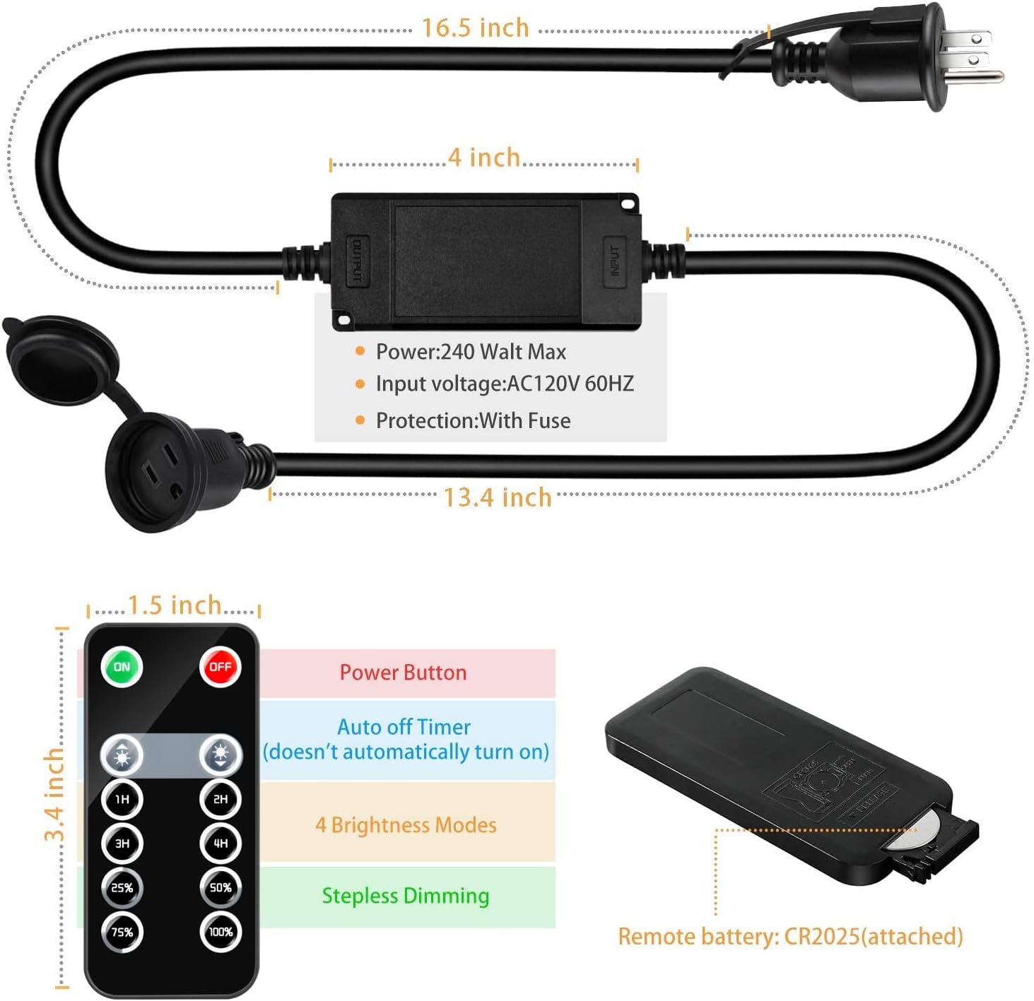 Dimmer Plug, Kohree Dimmer Switch Dimming Kits Plug-in Remote Timer for Outdoor Patio String Lights LED Bulbs, 240W Max Power, 10ft Longer Cord, 3 Prong Outlet, Weatherproof IP68, ETL Listed