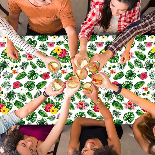 Image of QZYL 4Pcs Luau Party Decorations, 108 inch X 54 inch Floral Leaf Tablecloth, Disposable Plastic Luau Party Decorations, Rectangle Tropical Palm Tablecover for Hawaiian Theme Decor Tropical Summer Beach Pool