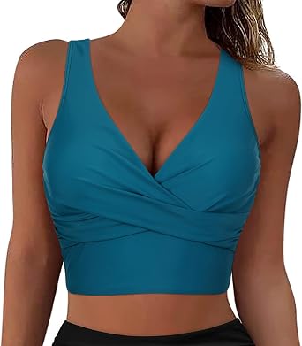 Firpearl Womens Underwire Bikini Tops Only - Longline Swimsuit Top Criss Cross Push Up Swim Crop Top