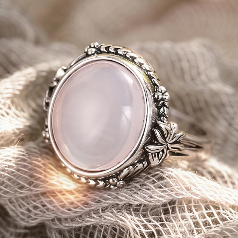 Floral Faux Moonstone Ring for Women – Gold Plated Oxidized New Chinese Style Design, Vintage Versatile Statement Jewelry Gift for Her, Birthday Present for Best Friend or Sister image 4