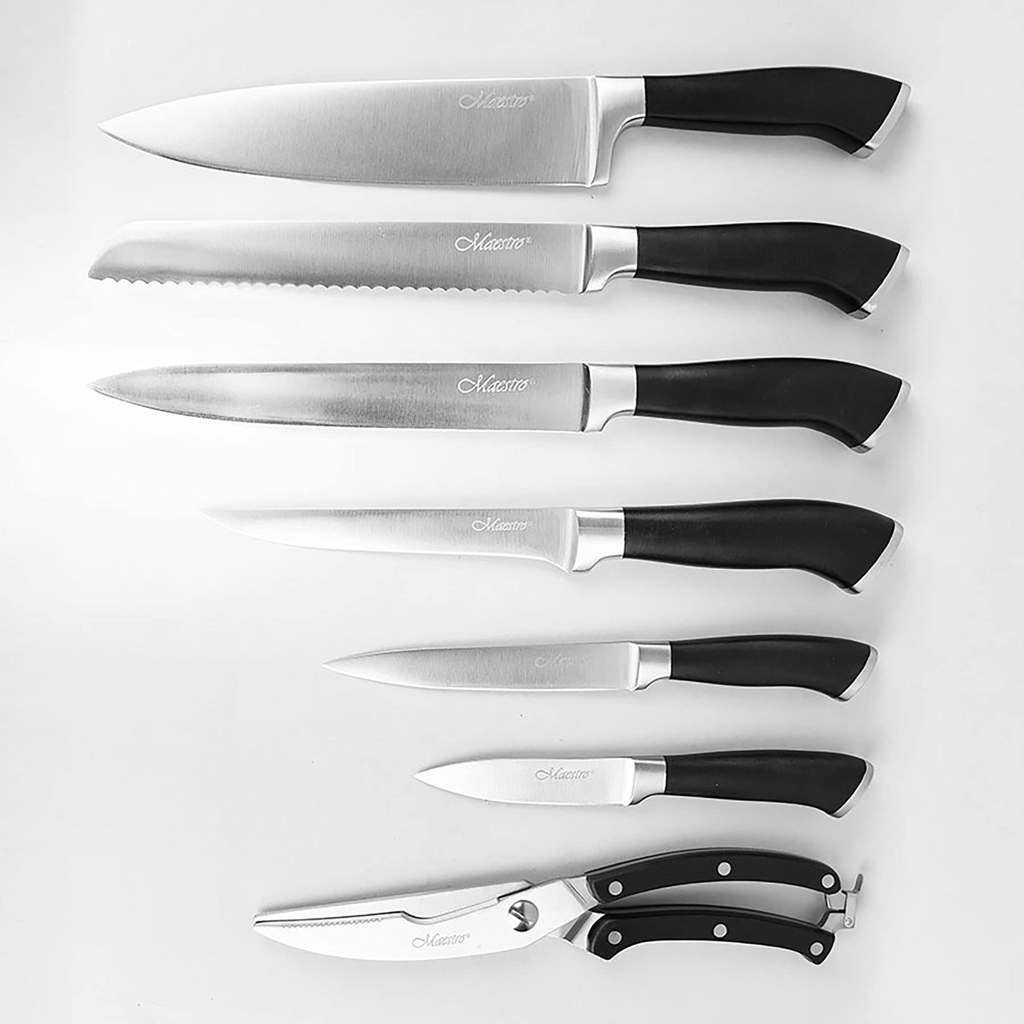 Maestro MR-1422 Blocchi Coltelli Cucina Professionale, 8 pz.,Stecca in Legno Design Moderno, 6 Lame in Acciaio Inossidabile, Maniglie Ergonomiche, Forbici