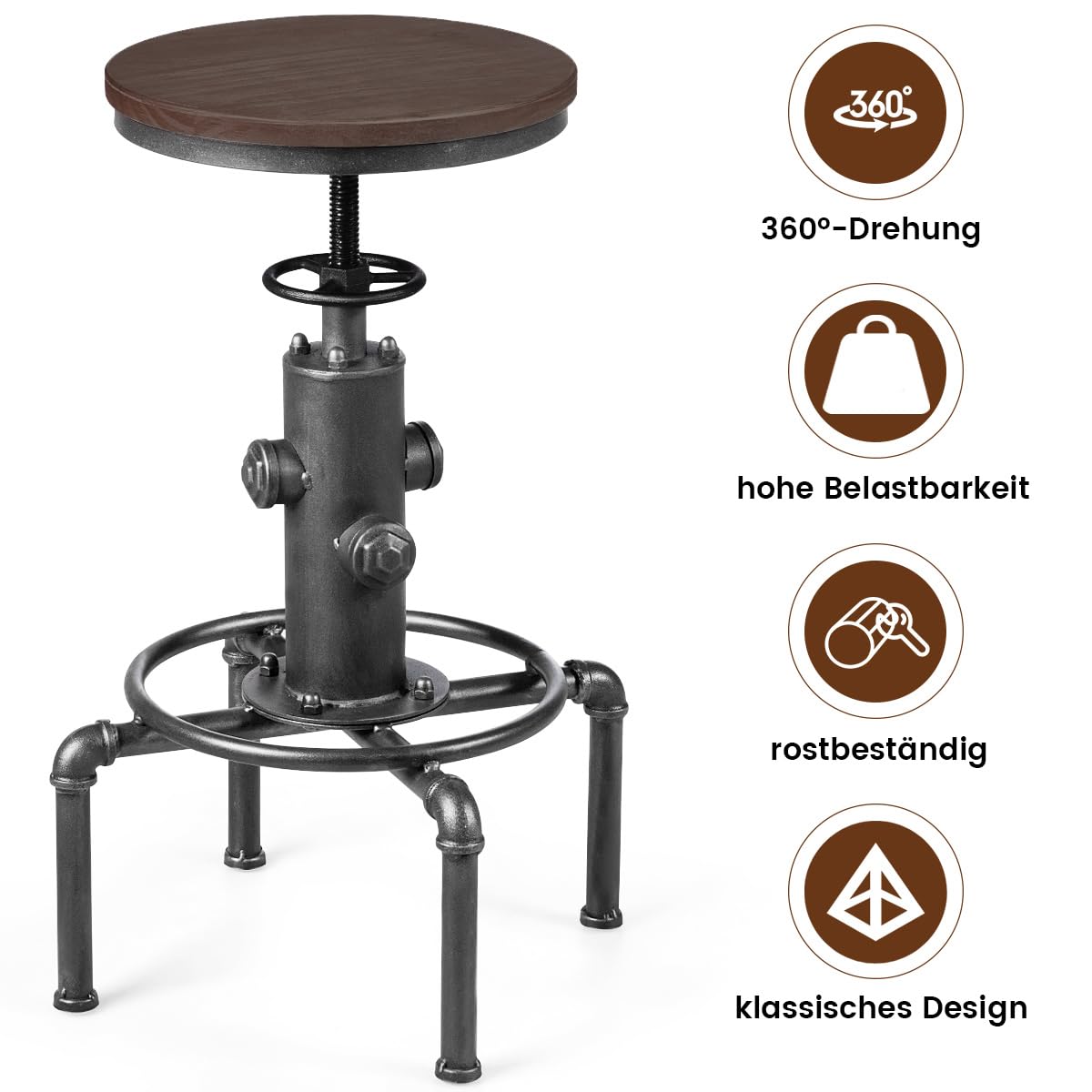COSTWAY Barhocker höhenverstellbar, 59,5-75 cm, Barstuhl aus Holz und Metall, Tresenhocker mit Fußstütze, Kiefer Platte, Vintage Bistrohocker, Industrie-Hocker Küchenhocker für Restaurants, Cafés
