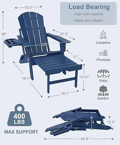 Miniatura 58 de Silla Adirondack ajustable con otomana retráctil, juego de 2, silla Adirondack plegable de polietileno de alta densidad con soporte para tazas