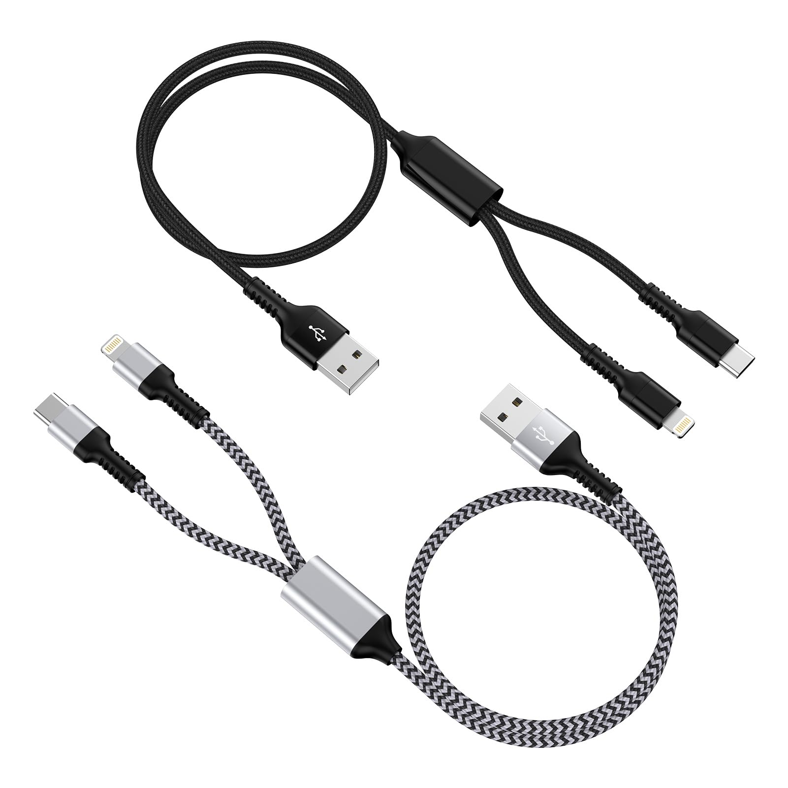 Haoano 2in1 iPhone充電ケーブル 「2本組」 Lightning+USB-C 1.2M 急速充電 2.4A&3A USB-A ライトニングケーブル2イン1 マルチ充電コード 2台同時給電可能 高耐久ナイロン編み 断線防止 iPhone 17/16/15/14/13/12/SE/Redmi14C/Xiaomi POCO X7Pro/F7/M7/Galaxy S25/S24 黒＋銀白