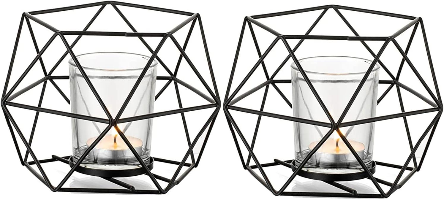 S SYMEFER 2 Pack Candlestick Holders Iron Pillar Candle Holder Gold Candle Holder Hurricane Candle Holder Candle Stands Candle Plate Holder Pedestal Candle Holders for Table (Black)
