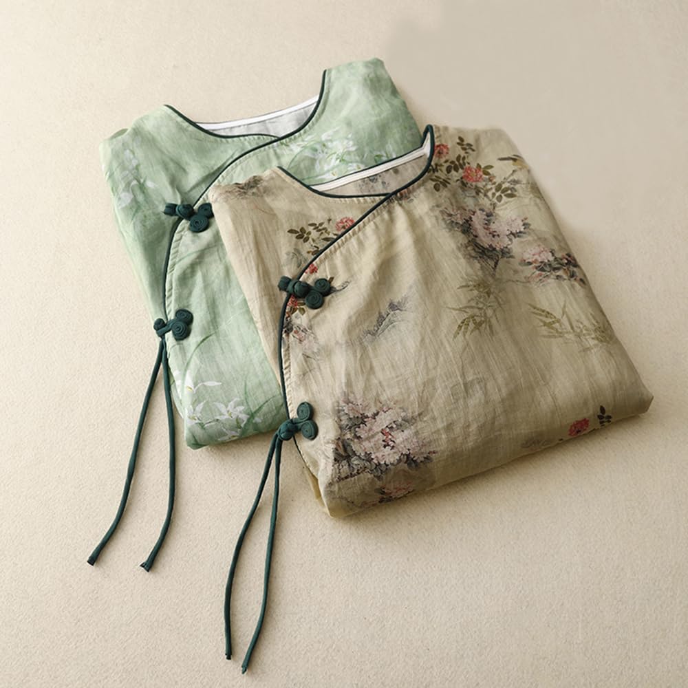 Chemisier chinois à manches 3/4 pour femme - Col mandarin traditionnel - Ethnique - Coton et lin - Qipao