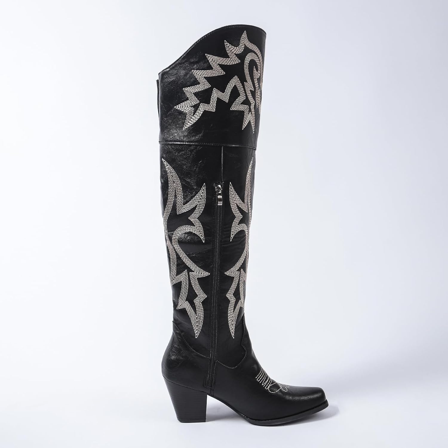 Women’s Over-the-Knee Western Cowboy Boots – Square Toe PU Leather Embroidered Boots with Zipper & Chunky Heel, Lined Riding Boots for All Seasons