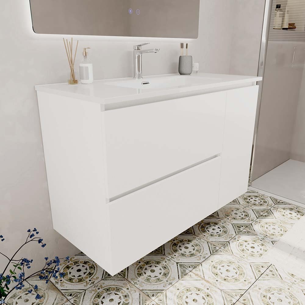 Baikal Mueble de Baño BRUMA. Mueble MONTADO. 80cm Blanco 2 Cajones + Puerta Suspendido con Lavabo Empotrado. Armario de Baño.