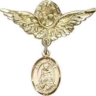 14kt Yellow Gold Baby Badge with St. Daniel Charm and Angel w/Wings Badge Pin 1 1/8 X 1 1/8 inches