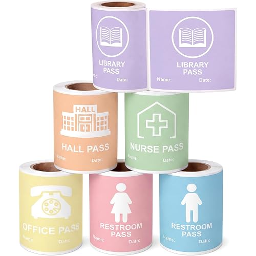 ReliThick 6 Rolls Hall Pass for Classrooms Stickers Set, Hall Passes Teachers Supplies for Bathroom Classroom Library, Office, Nurse, Boys & Girls Restroom for Student, 100 Labels Per Roll(Pastel)
