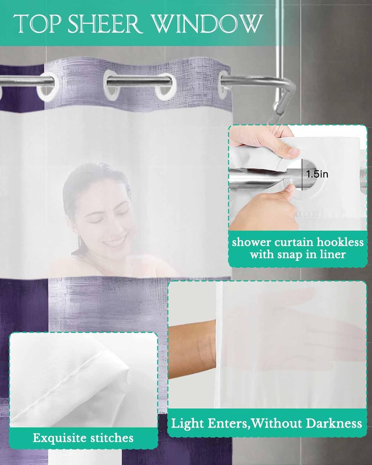 Purple Abstract Art No Hook Shower Curtain with Snap in Liner Rustic Shabby Color Block Plaid Shower Curtain for Bathroom, Fabric Waterproof Inner Liner, Hotel Style with Mesh Top Window, 54x78