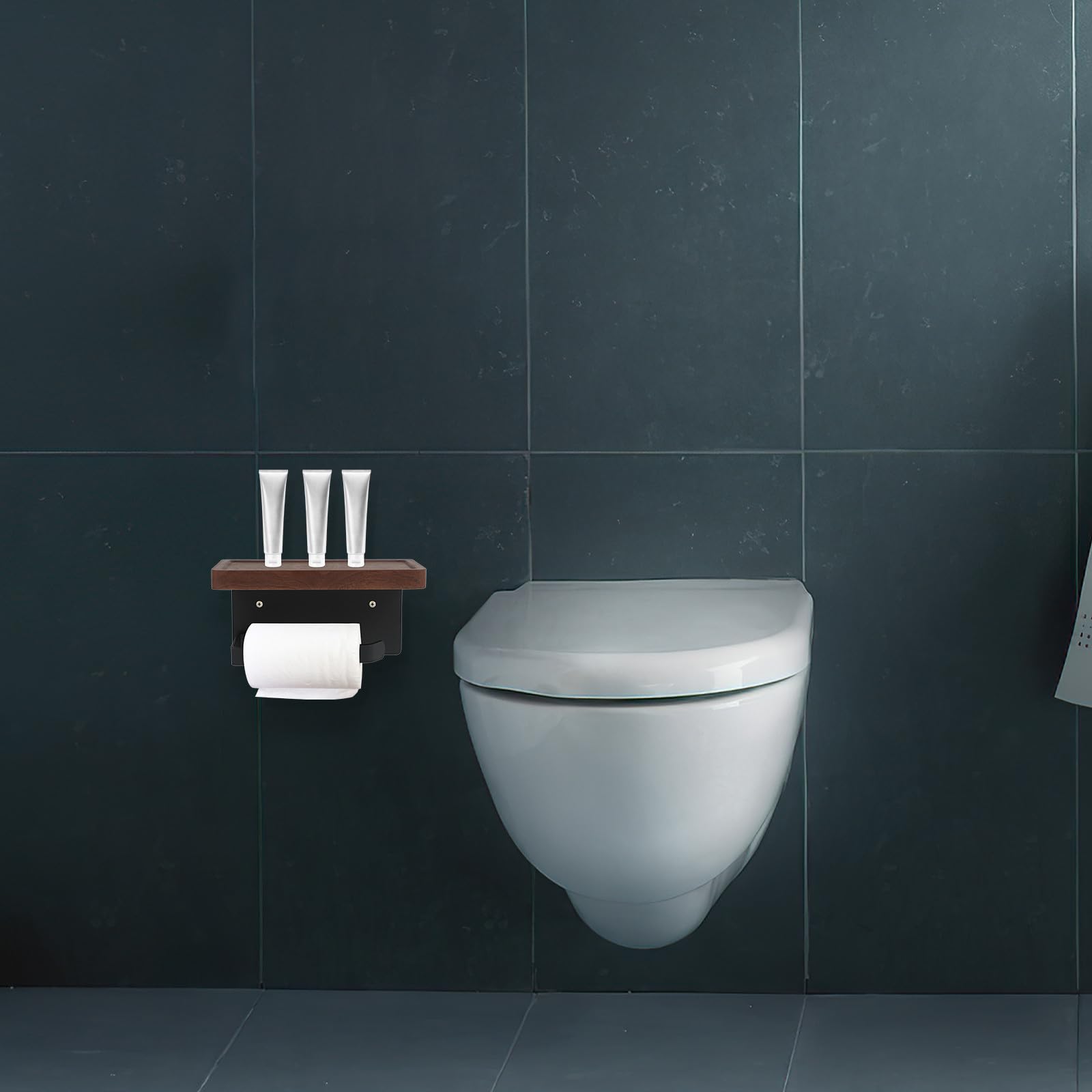 Portarrollos de papel higiénico multifunción de madera de nogal negro con estante integrado, soporte resistente para accesorios de baño y rollos de papel higiénico, diseño de madera