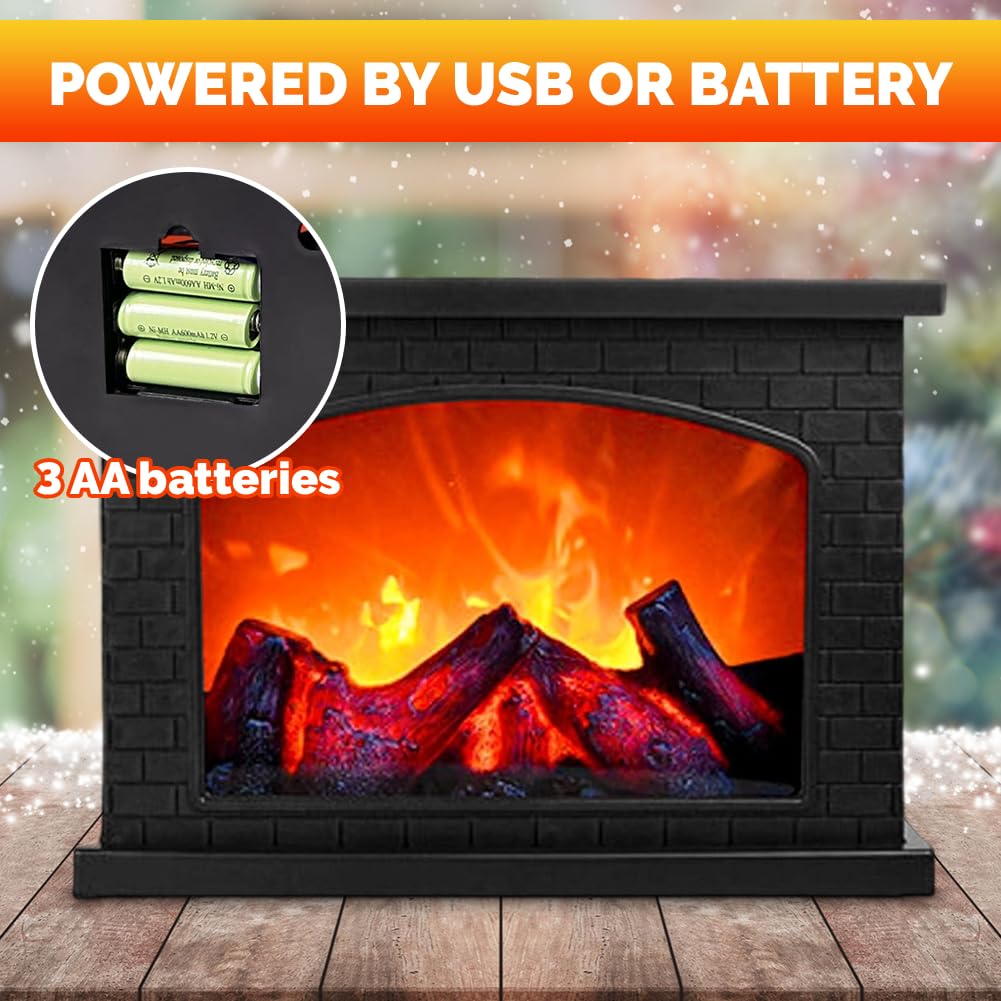 LED Kamin Elektrisch – Elektrokamin ohne Heizung mit Flammeneffekt, USB/Batteriebetrieben, Bedienung, Tischkamin für Zuhause (28,5x12,5x22cm) – Dekorativ & Romantisch