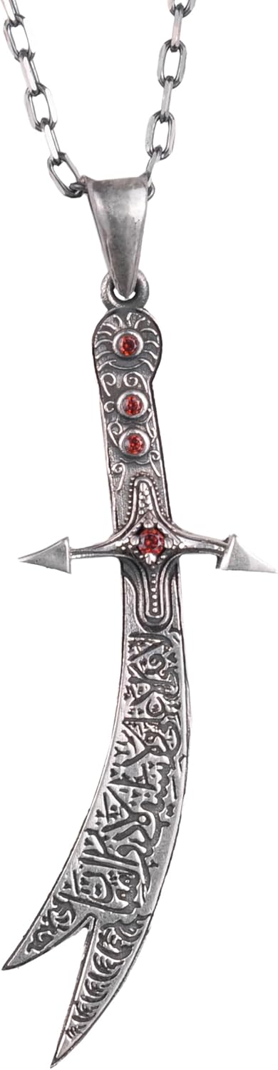 KAMBO 925 Sterling Silver Zulfiqar Sword Necklace with Zircon Created Stone - Islamic Jewelry