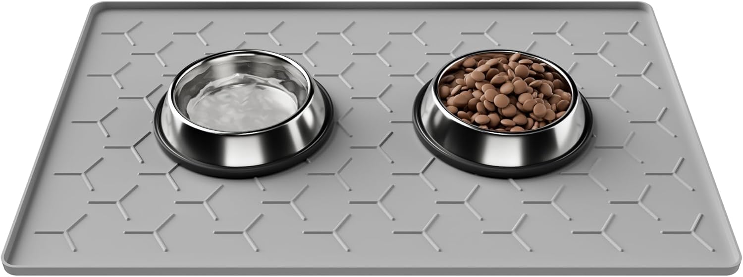 Pieviev 24''x16'' Dog Cat Food Bowl Mat, Silicone Waterproof Food Grade Pet Food Mat for Floor, High Raised Edge to Prevent Spills, Non-Slip & Easy Clean Pet Placemat for Dog & Cat Bowls, Light Gray