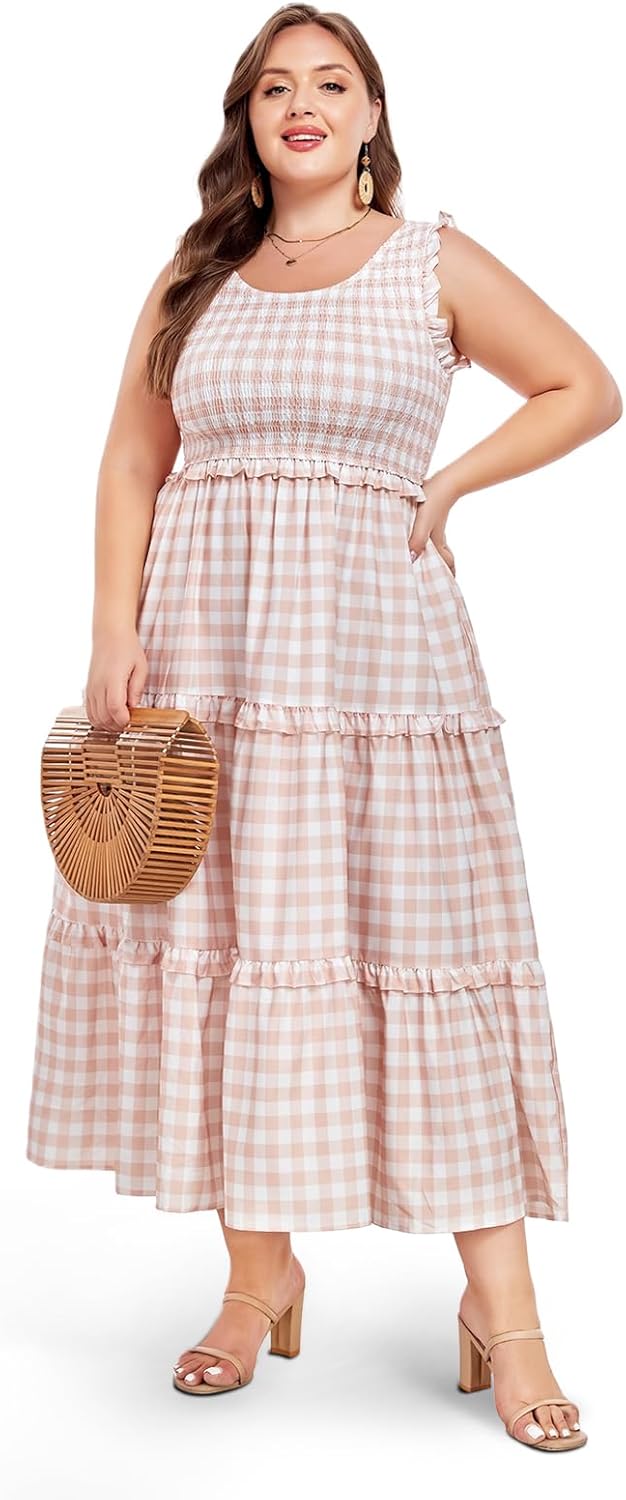 Women's Plus Size Summer Casual Maxi Dress Ruffle Sleeveless Plaid Smocked Tiered Long Dresses with Pockets - Image 2