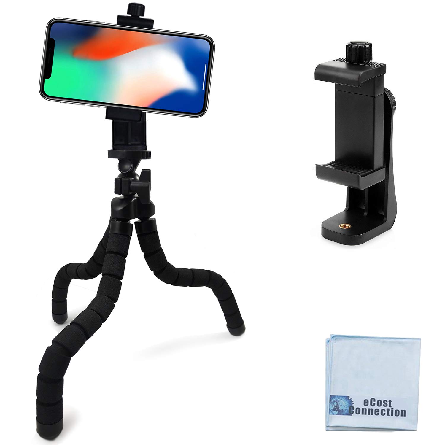 Acuvar10" inch Flexible Tripod with Quick Release + Universal Rotating Mount for All Smartphones + an eCostConnection Microfiber Cloth