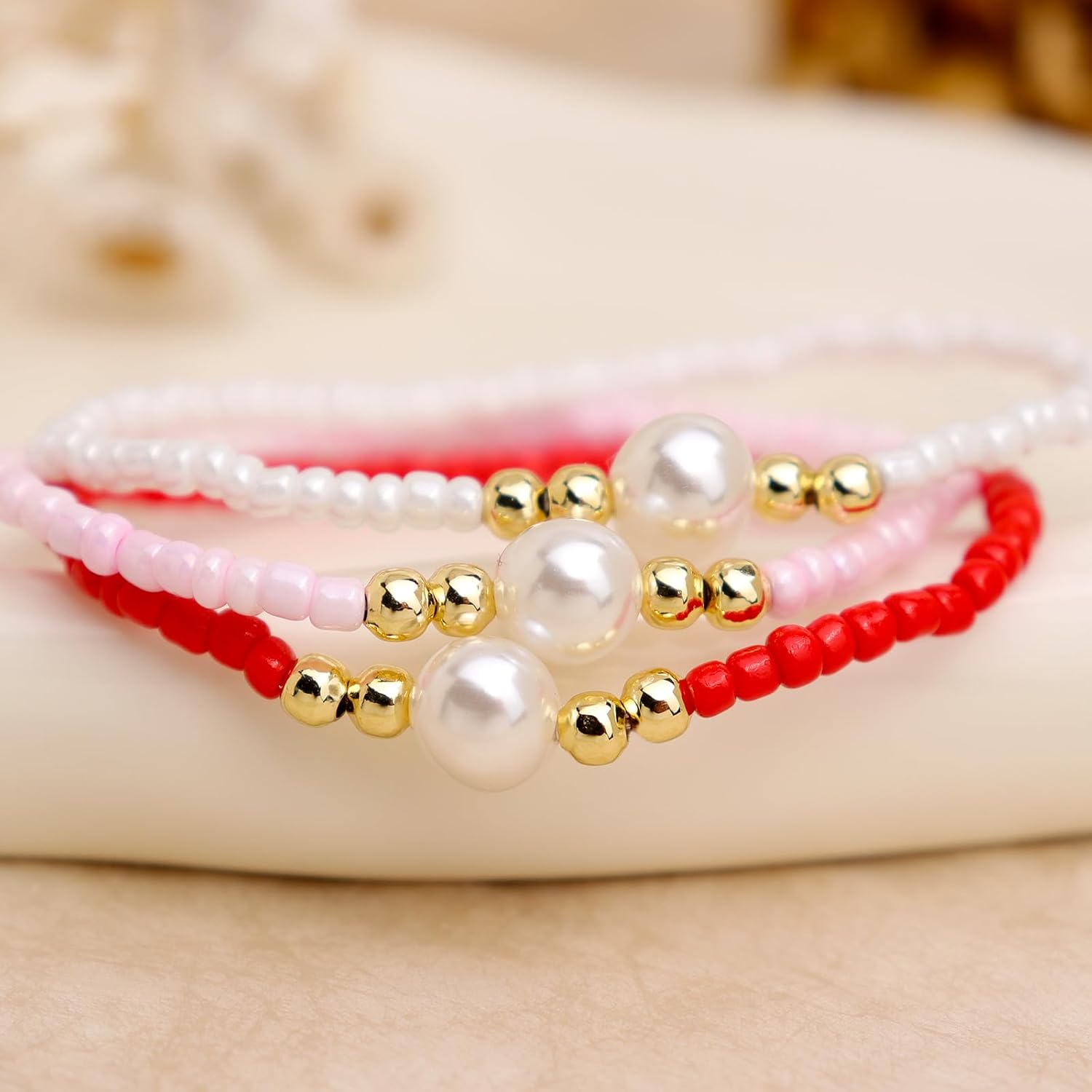 Colorful Beaded Stack Bracelets Set for Women, 3Pcs Handmade Freshwater Pearl Gold Beads Stretch Bracelet Everyday Fashion Jewelry Gift. - Image 5