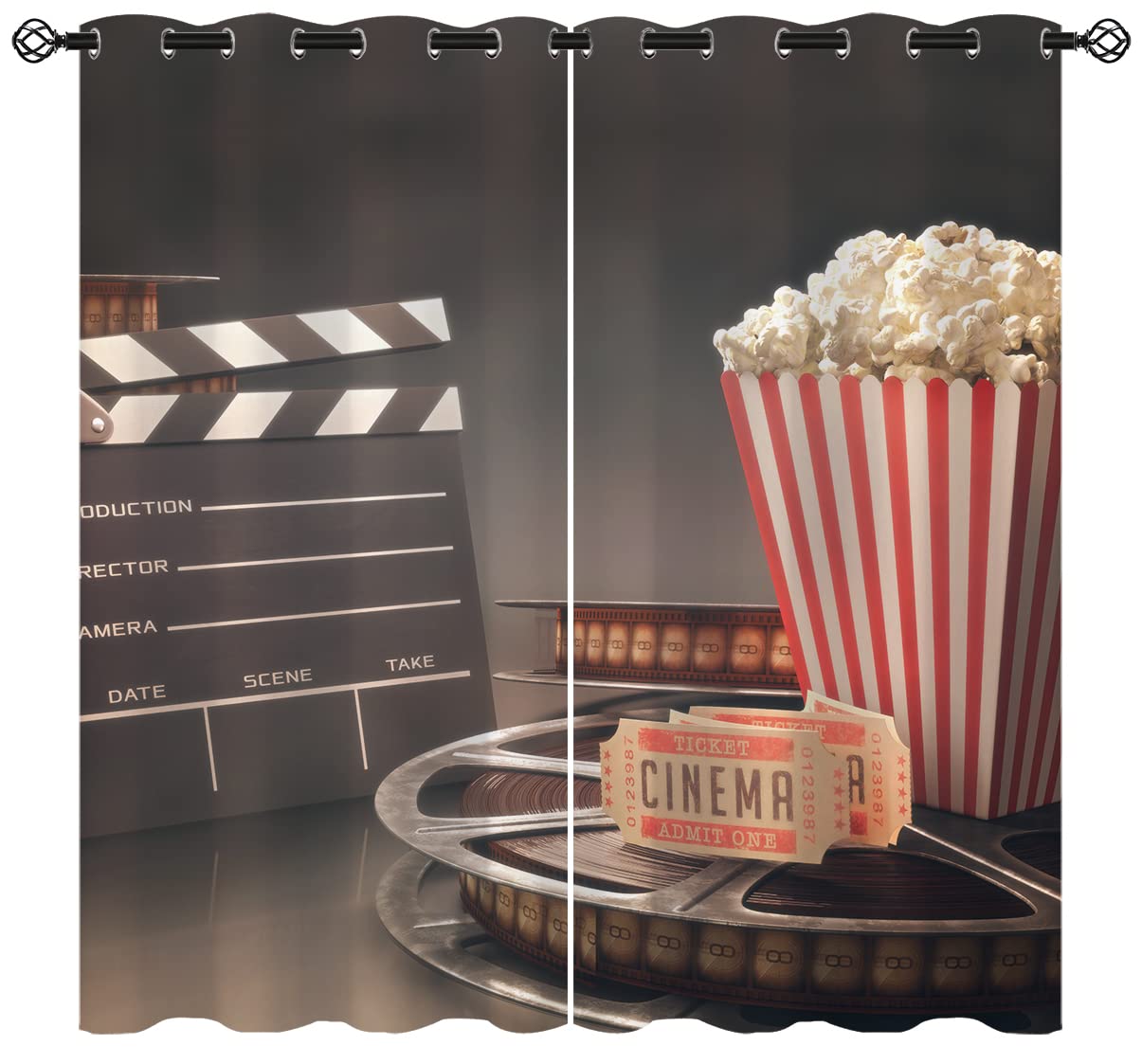 ONINUO Movie Theater Blackout Curtains for Girls Boy Home Decor, Theatre Film Reel Cinema Grommet Thermal Insulated Drapes Darkening Window Curtain