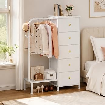 Trironsun Narrow Fabric Chest of Drawers with 5 Drawers and Clothes Rail Wardrobe with Hanging Shelf Reversible Mountable Space Saving Wardrobe for Bedroom