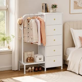 Trironsun Schmaler Stoffkommode mit 5 Schubladen und Kleiderstange kleiderschrank mit Hängeregal umkehrbar montierbar platzsparender Kleiderschrank für Schlafzimmer
