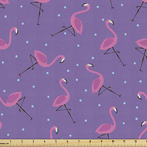 Image of Ambesonne Flamingo Fabric by The Yard, Polka Dotted Purple Background with Pink Exotic Birds Design Minimalist, Decorative Fabric for Upholstery and Home Accents, 3 Yards, Pale Blue Violet Pink