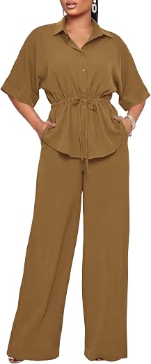 Two Piece Sets for Women Dressy Short Sleeve Button Down Shirt Top Flared Pants Sets Business Pantsuits