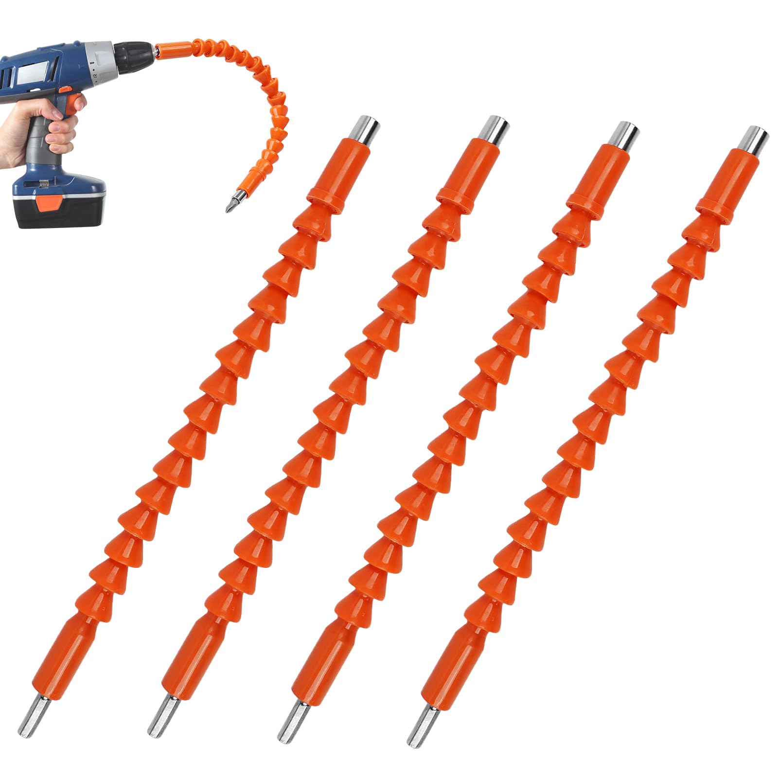 FOUUAAOOU 4 Pack Flexible Drill Bit Extension, 11.6 inch Superbit Screwdriver Flexible, Bendable Flexible Drill Bit Extension, Super Bit Flexible Shaft Extension Bits (Orange)