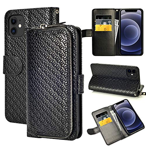 LAMEEKU Wallet Case Compatible with iPhone 12/ iPhone 12 Pro, Flip Leather Case with Card Holder Zipper Purse Pocket Wrist Strap Protective Bumper Cover Design for iPhone 12 Pro/ 12 6.1'' Black