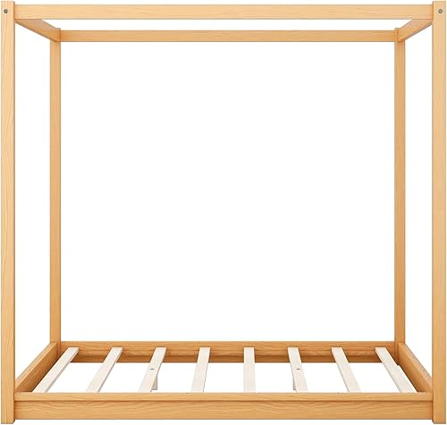 Miniatura 6 de Merax Marco de cama con dosel de madera tamaño Queen con 2 pósteres resistentes, diseño clásico, no necesita somier, Nutural