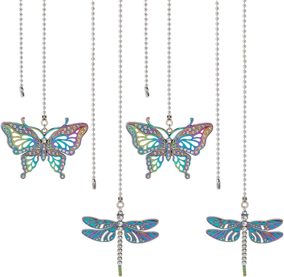 BENECREAT 4Pcs Butterfly & Dragonfly Alloy Ceiling Fan Pull Chain Extenders, Retro Rainbow Ceiling Fan Extension with Steel Ball Chain for Ceiling Light Fans Lamps and Wall Lights