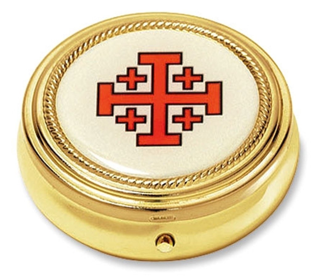 AutomRed Epoxy with Gold Tone Finish Jerusalem Cross Pyx for Communion Hosts, 2 1/4 Inch