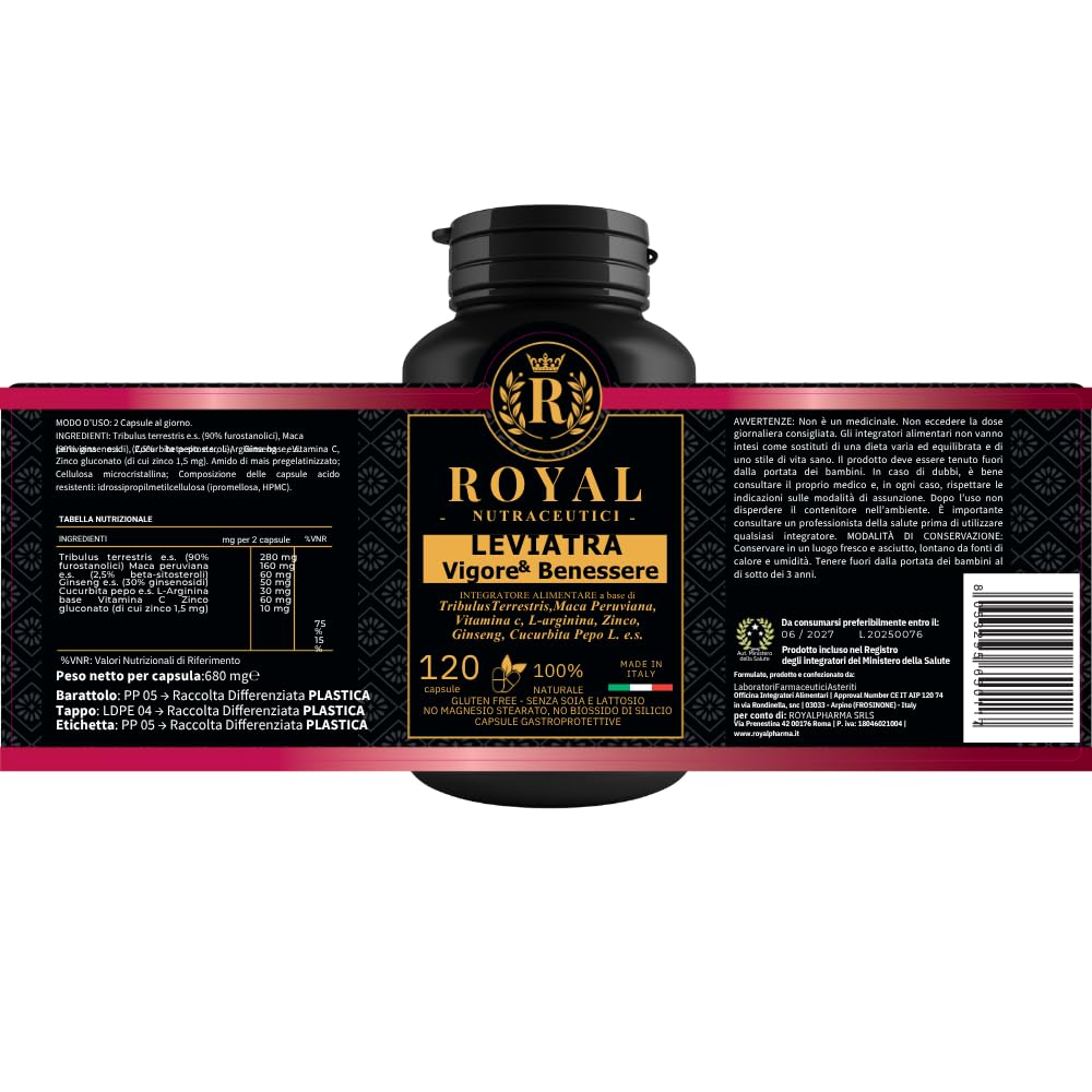 Integratore Uomo – Tribulus Terrestris, Maca Peruviana, Vitamina C e Zinco – Integratore Prostata Uomo Naturale per Energia, Vigore e Benessere Maschile – 120 Capsule – Royal Nutraceutici
