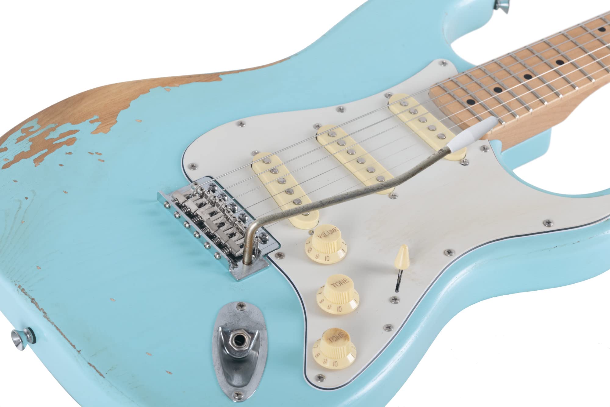 Rocktile Vinstage ST-RMGN E-Gitarre - Relic-Gitarre in Aged-Style - Korpus: Esche - Griffbrett/Hals: gerösteter Ahorn - 3x Single Coil Pickup - Vintage-Hardware - Bright Sky Blue