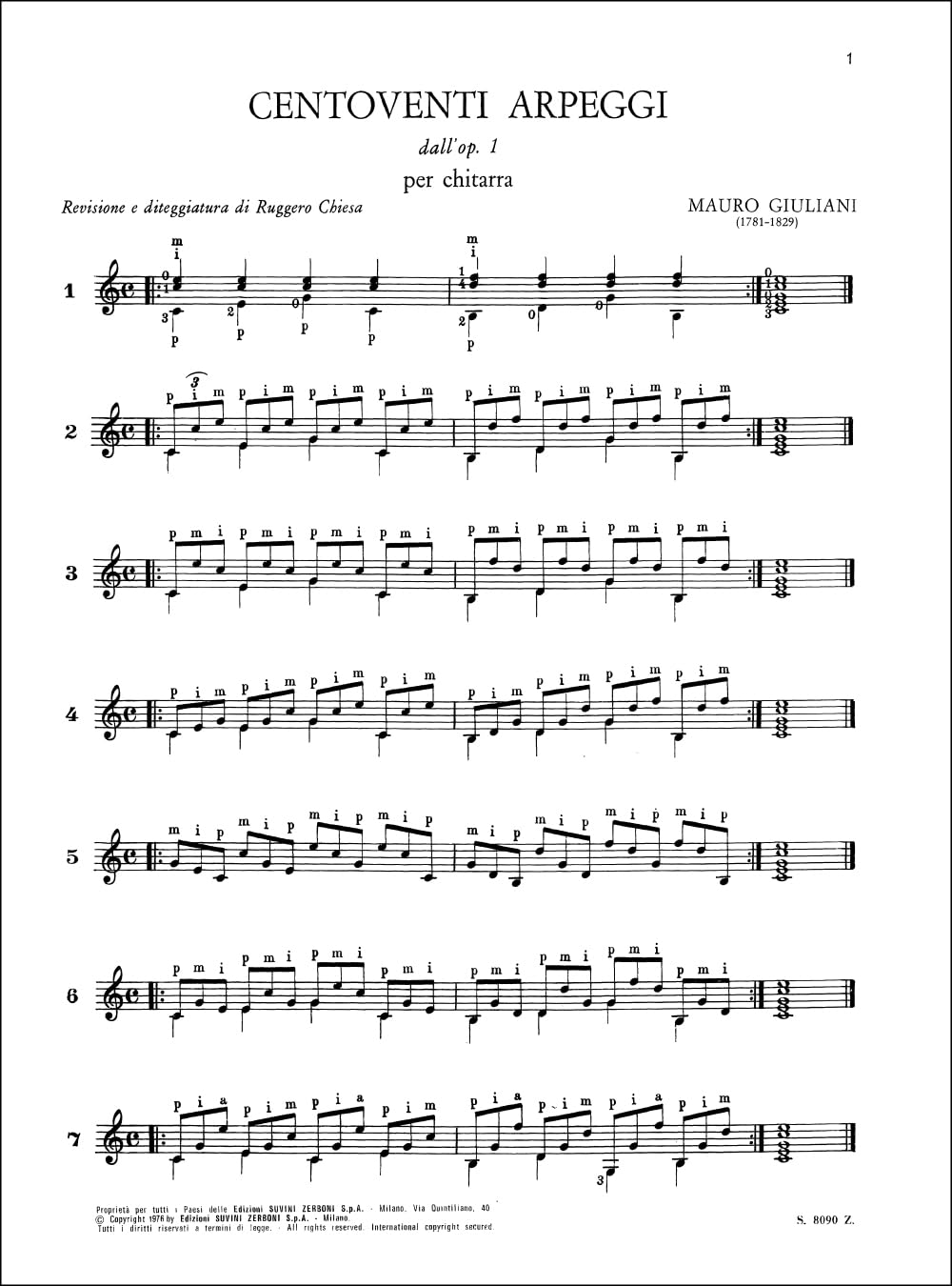 Mauro Giuliani Centoventi Arpeggi Op. 1 per Chitarra | Esercizi di Tecnica per Mano Destra con Diteggiatura di Ruggero Chiesa | Metodo di Studio per Chitarra Classica | Edizione Suvini Zerboni