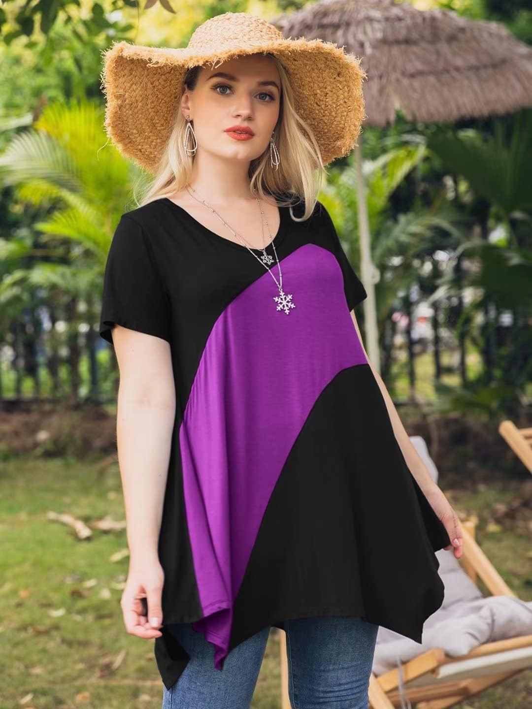 LARACE Plus Size Tops for Women V Neck Summer Shirt Short Sleeve Blouses Patchwork Tunics - Image 4