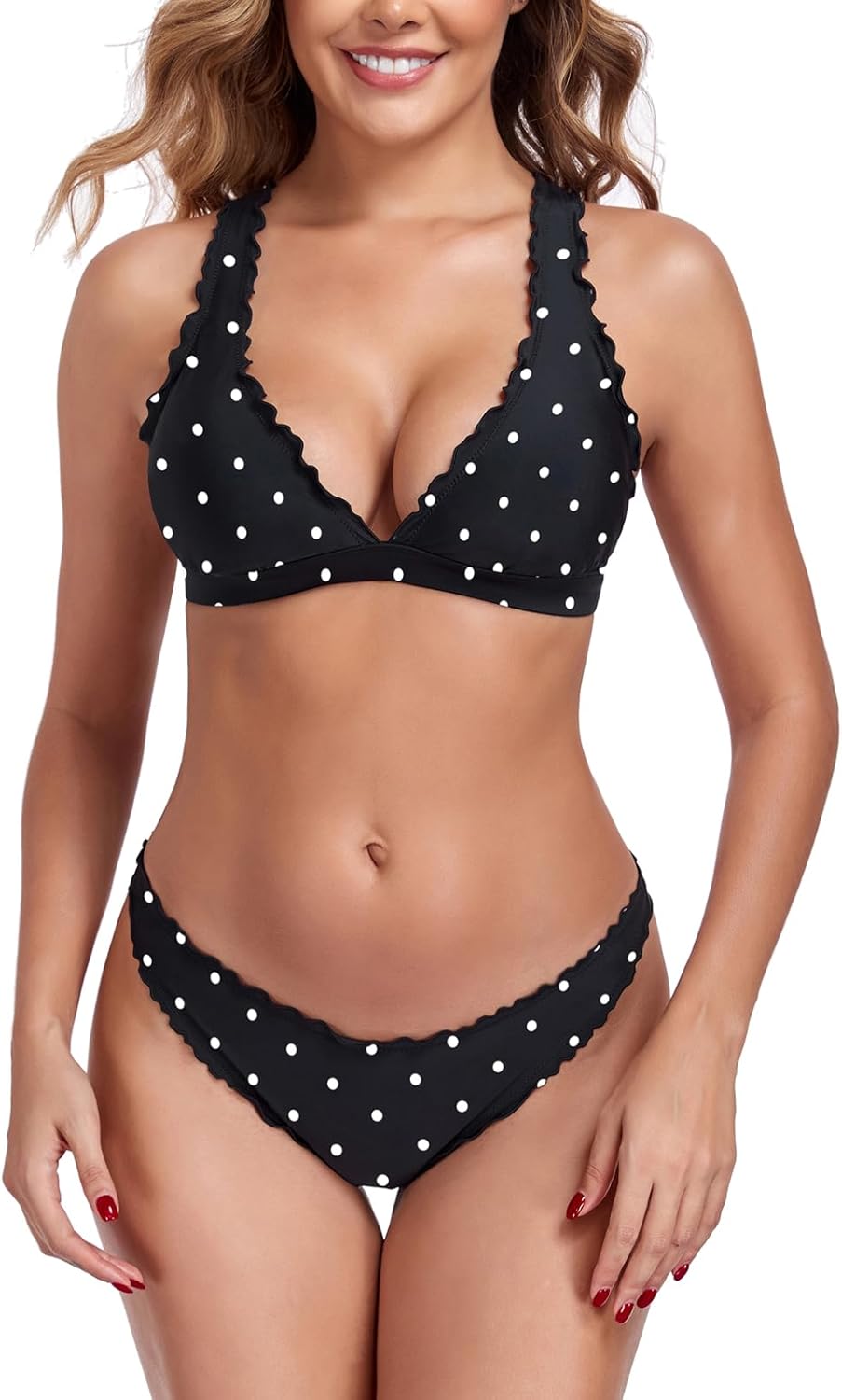 RELLECIGA Women's V Neck Bikini Set Wave Triangle Top Cheeky Two Piece Bathing Suits